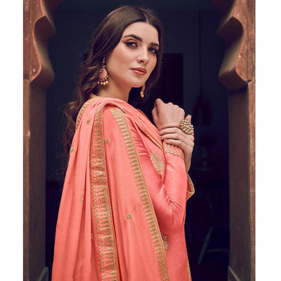 Exotic Peach Colored Partywear Embroidered Pure Dola Jacquard Palazzo Suit