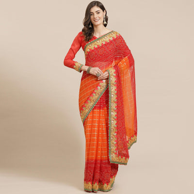 Exotic Pink & Orange Coloured Partywear Embroidered Georgette Saree