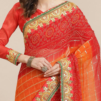 Exotic Pink & Orange Coloured Partywear Embroidered Georgette Saree