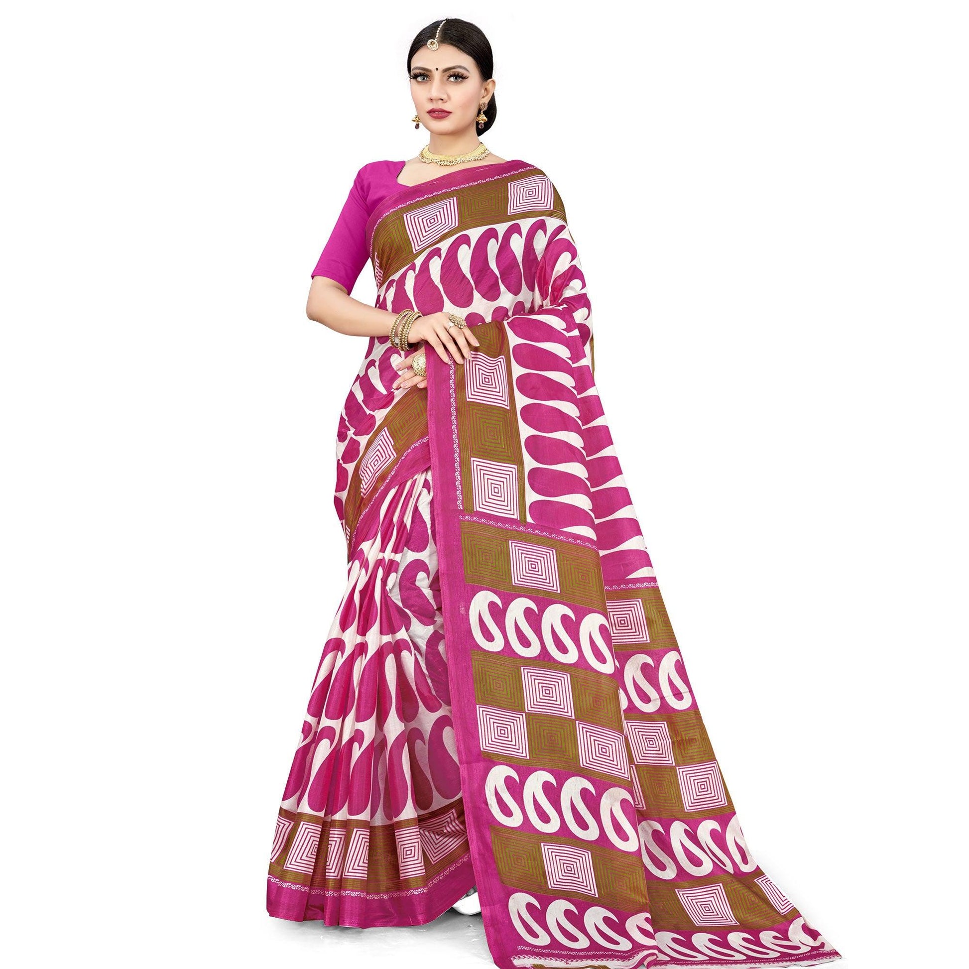 Exotic Pink Colored Casual Wear Printed Cotton Silk Saree