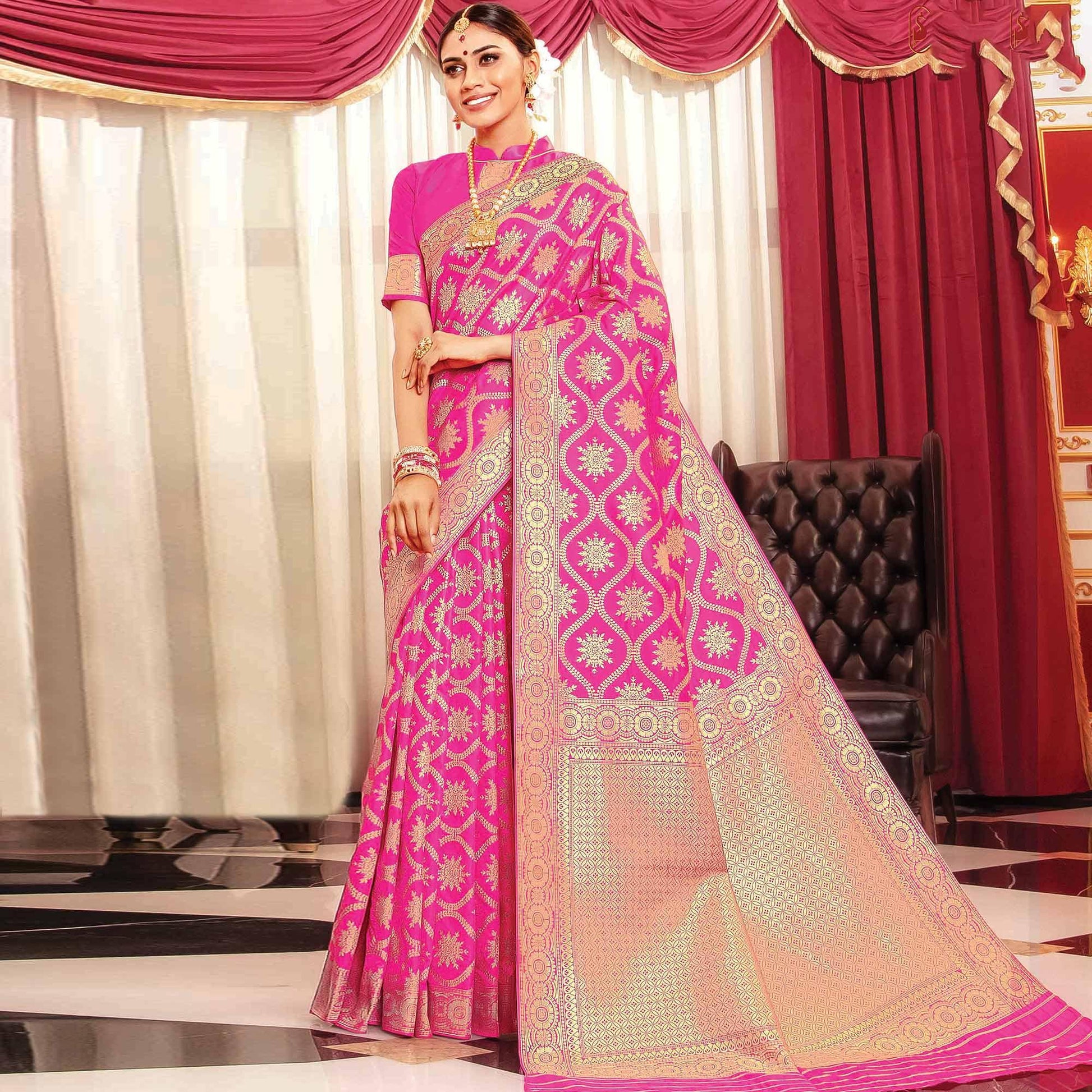 Exotic Pink Colored Festive Wear Woven Banarasi Silk Saree