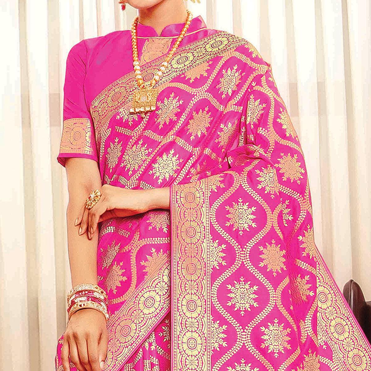 Exotic Pink Colored Festive Wear Woven Banarasi Silk Saree