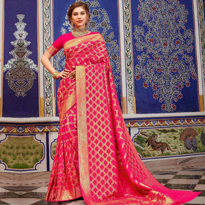 Exotic Pink Colored Festive Wear Woven Handloom Silk Saree