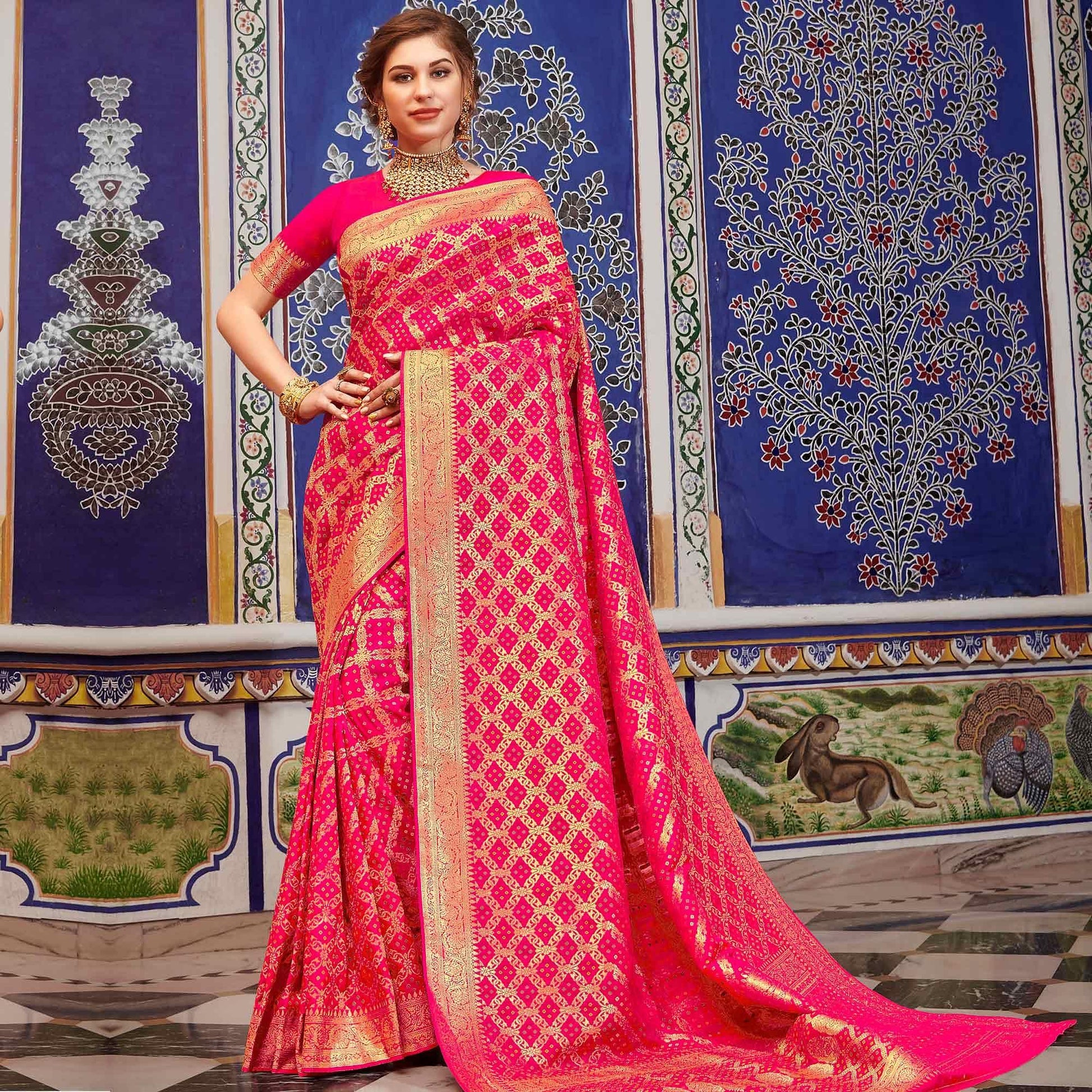 Exotic Pink Colored Festive Wear Woven Handloom Silk Saree