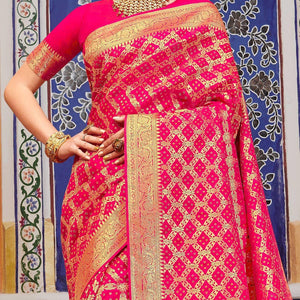 Exotic Pink Colored Festive Wear Woven Handloom Silk Saree
