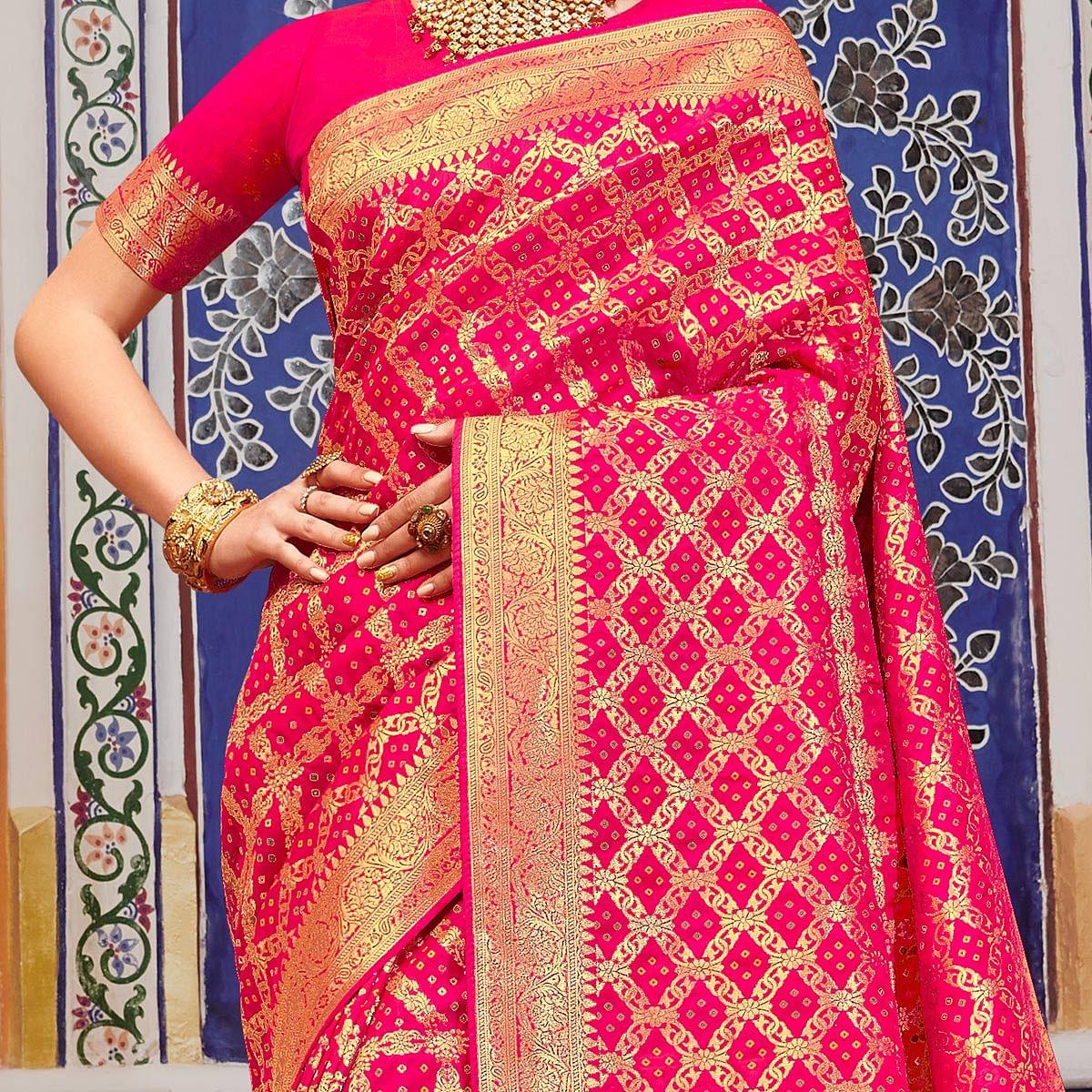 Exotic Pink Colored Festive Wear Woven Handloom Silk Saree