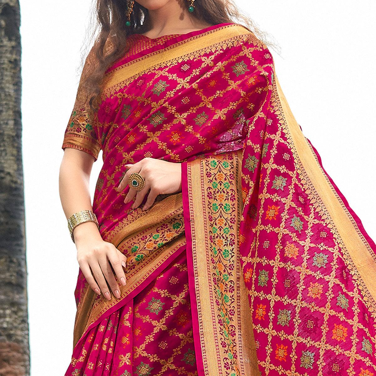 Exotic Pink Colored Festive Wear Woven Silk Saree