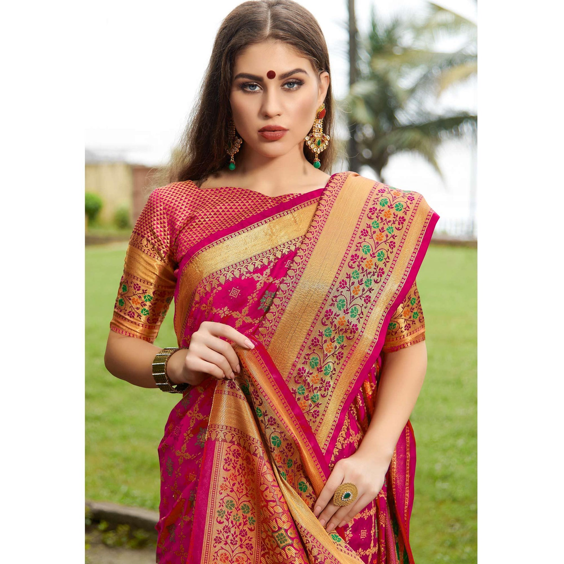 Exotic Pink Colored Festive Wear Woven Silk Saree