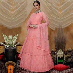 Exotic Pink Colored Party Wear Embroidered Net Lehenga Style Gown