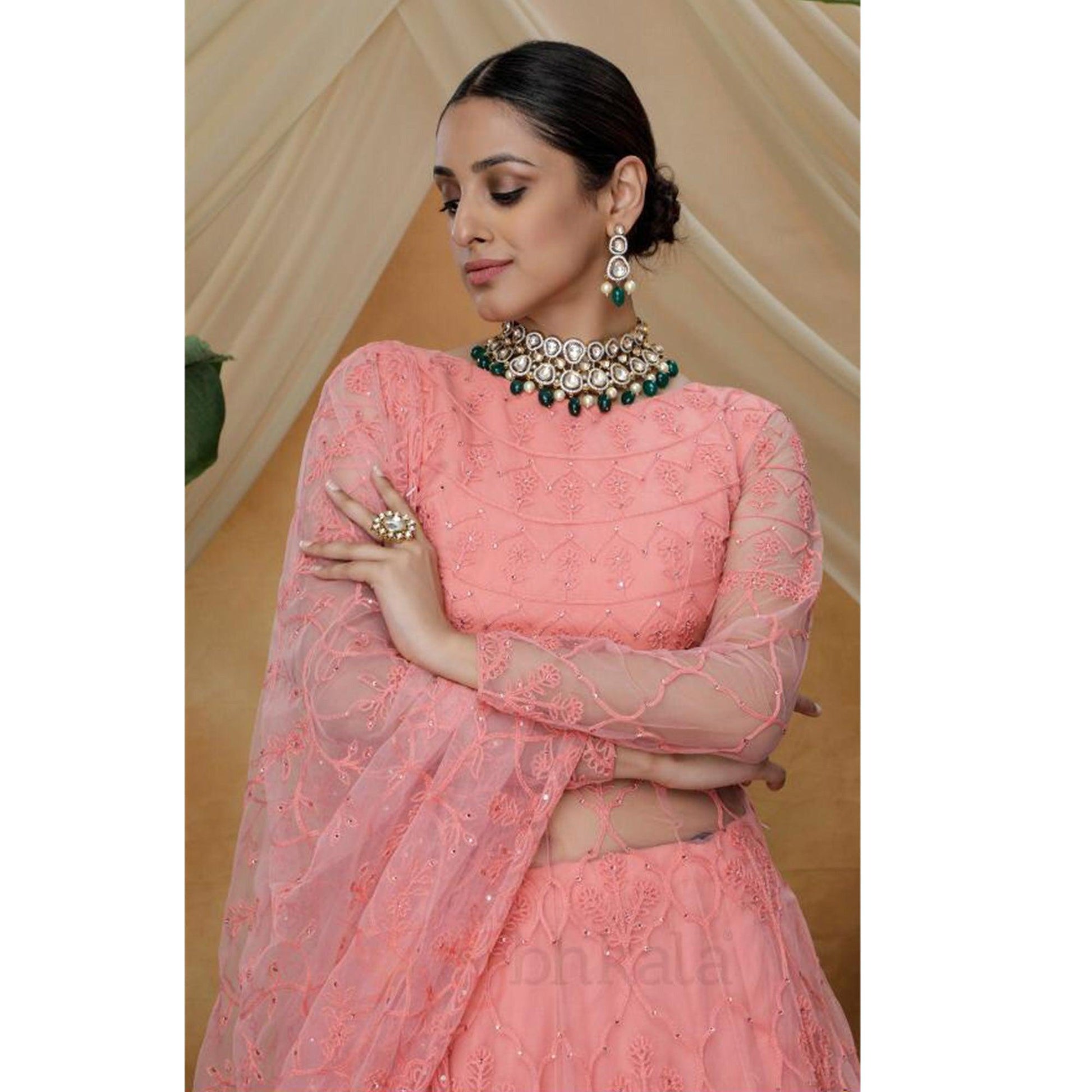 Exotic Pink Colored Party Wear Embroidered Net Lehenga Style Gown