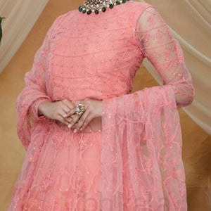 Exotic Pink Colored Party Wear Embroidered Net Lehenga Style Gown