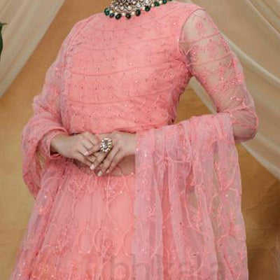 Exotic Pink Colored Party Wear Embroidered Net Lehenga Style Gown