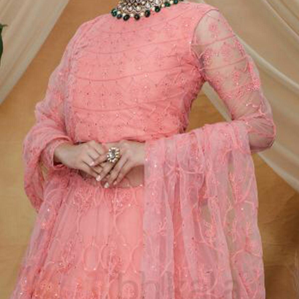 Exotic Pink Colored Party Wear Embroidered Net Lehenga Style Gown