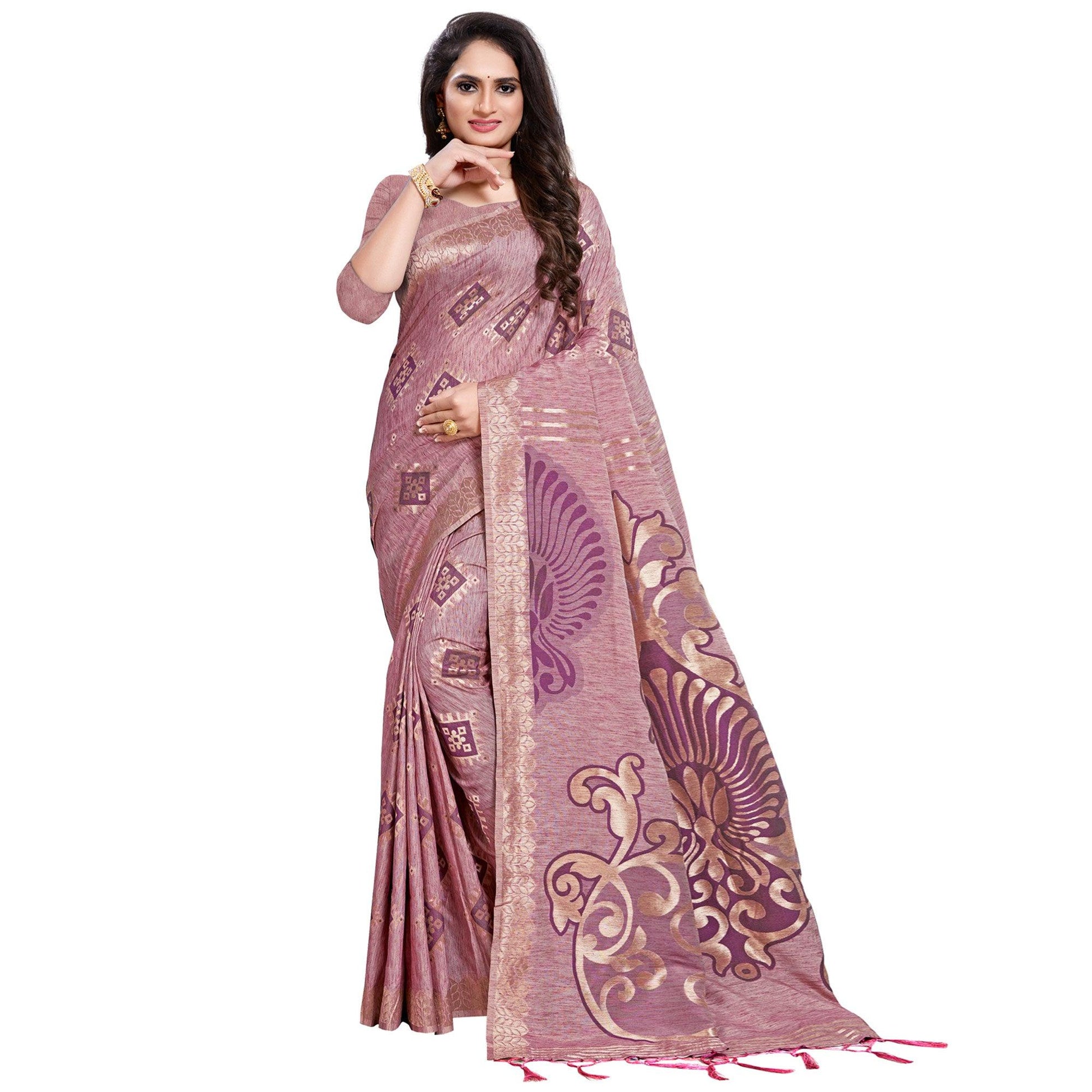 Exotic Purple Colored Festive Wear Woven Silk Blend Saree With Tassles