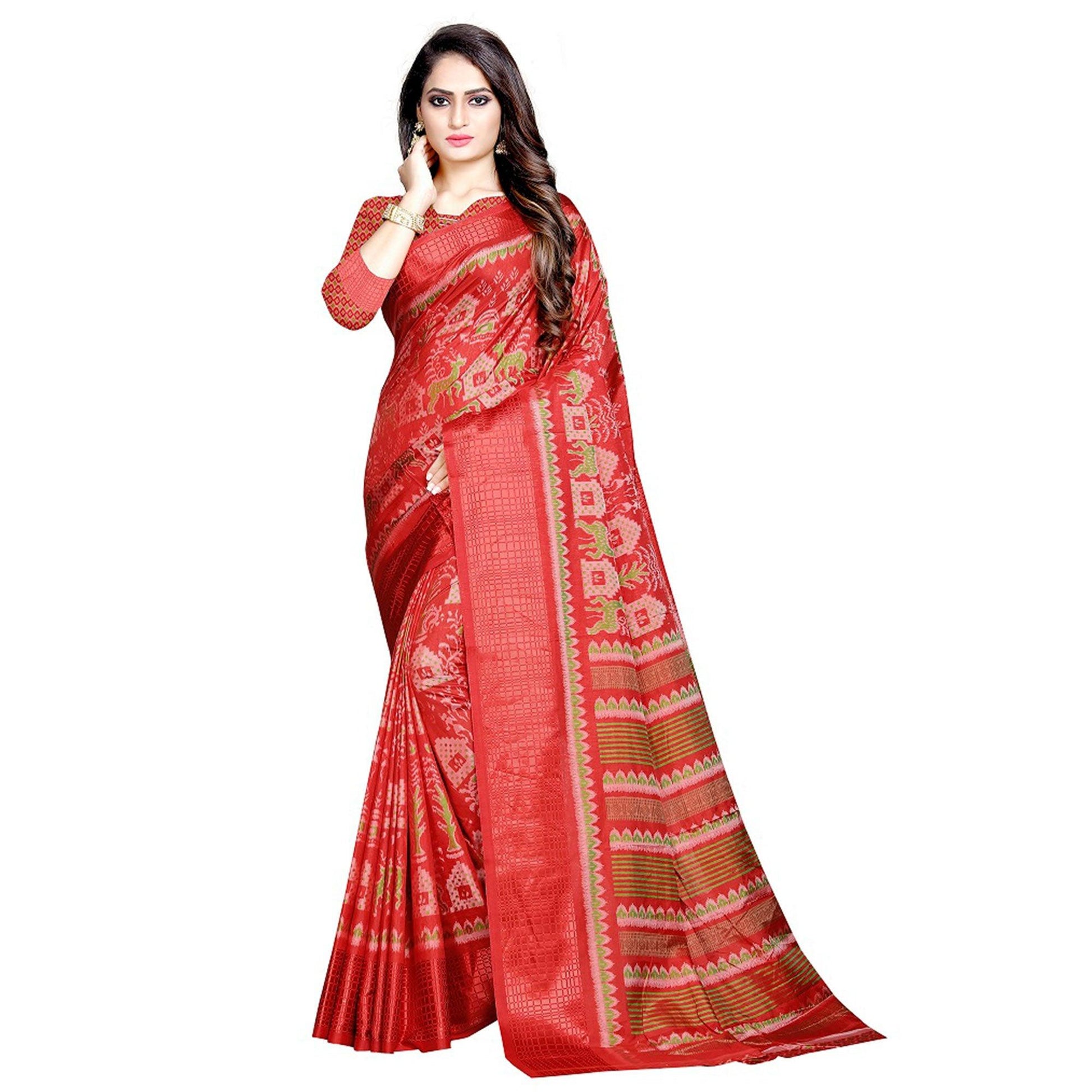 Exotic Red Colored Casual Wear Printed Art Silk Saree