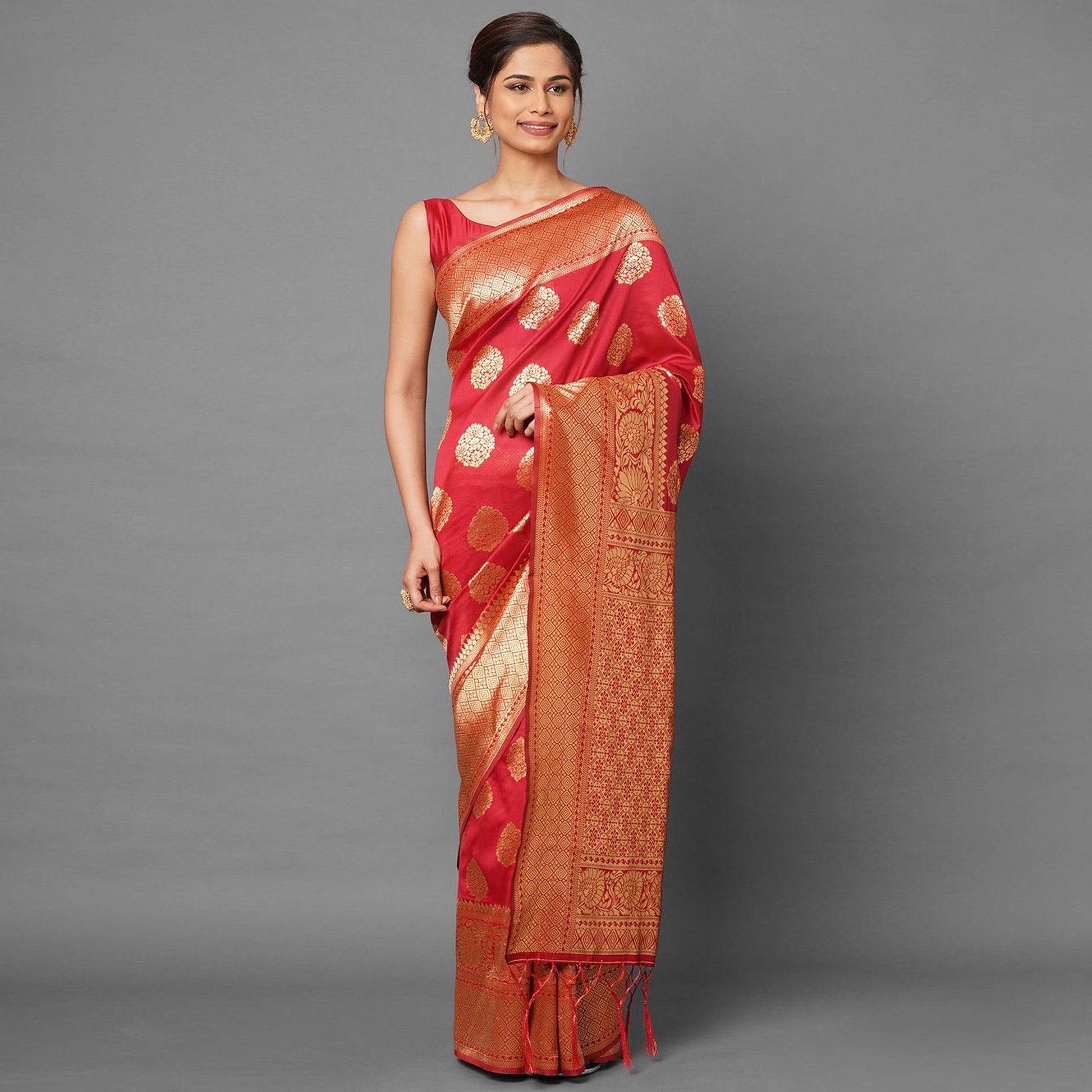 Exotic Red Colored Festive Wear Woven Silk Blend Saree