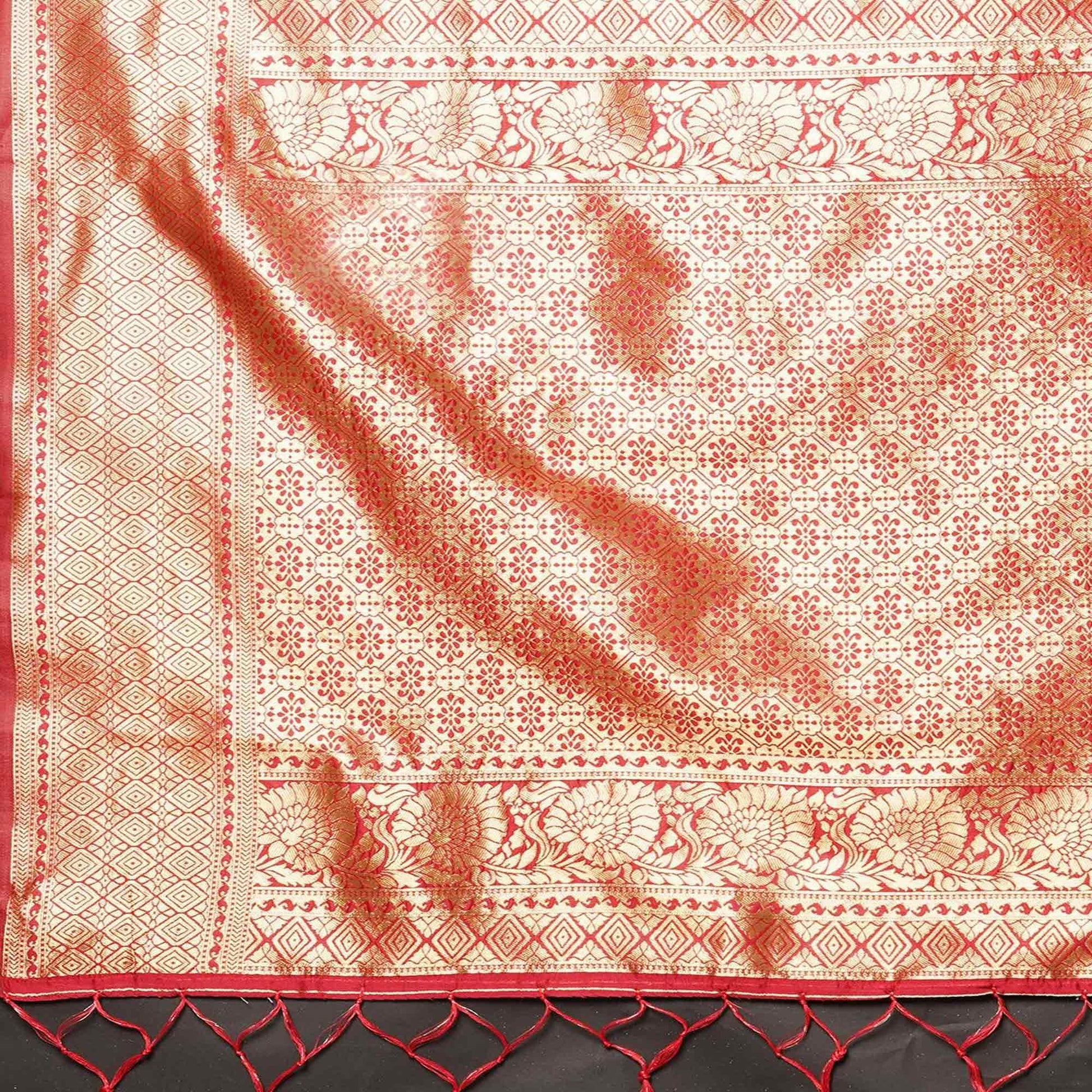 Exotic Red Colored Festive Wear Woven Silk Blend Saree