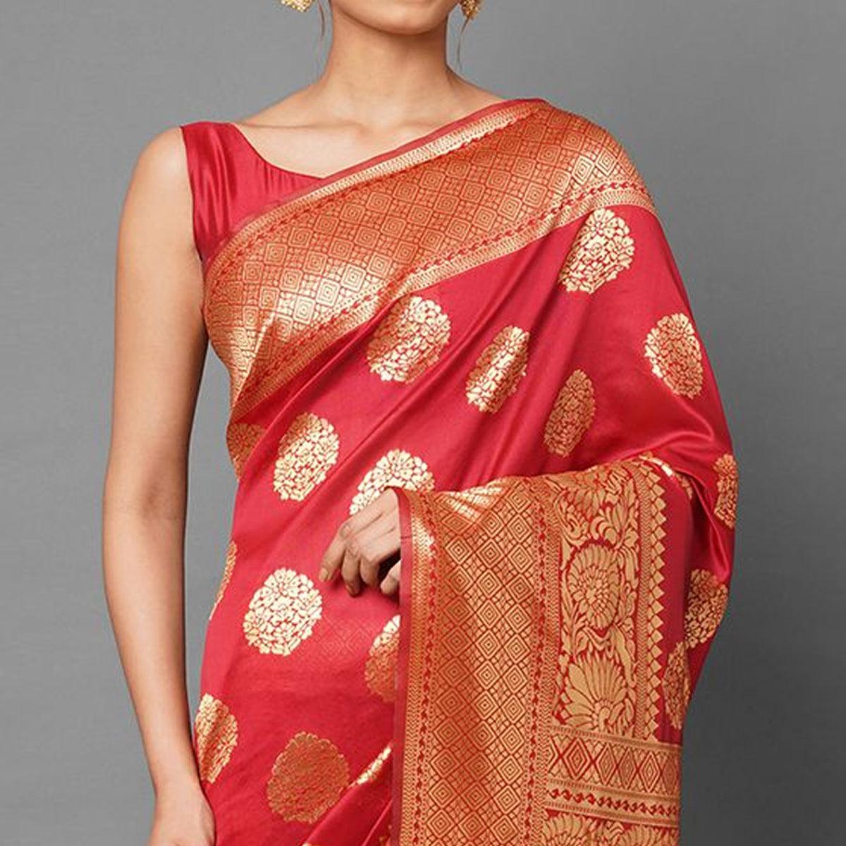Exotic Red Colored Festive Wear Woven Silk Blend Saree