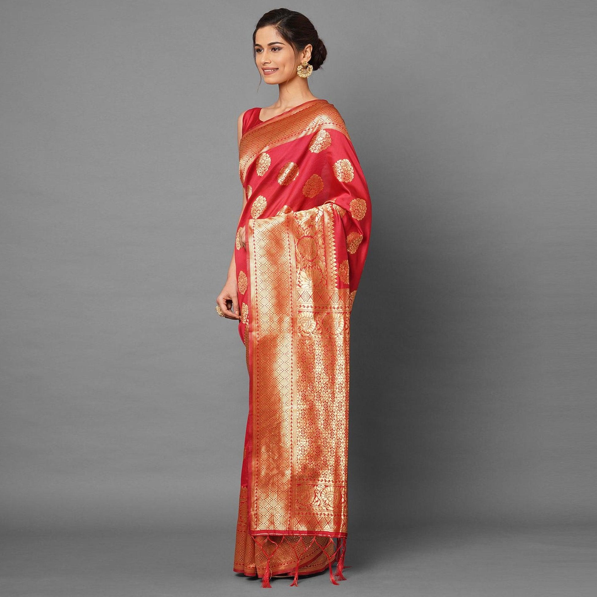 Exotic Red Colored Festive Wear Woven Silk Blend Saree
