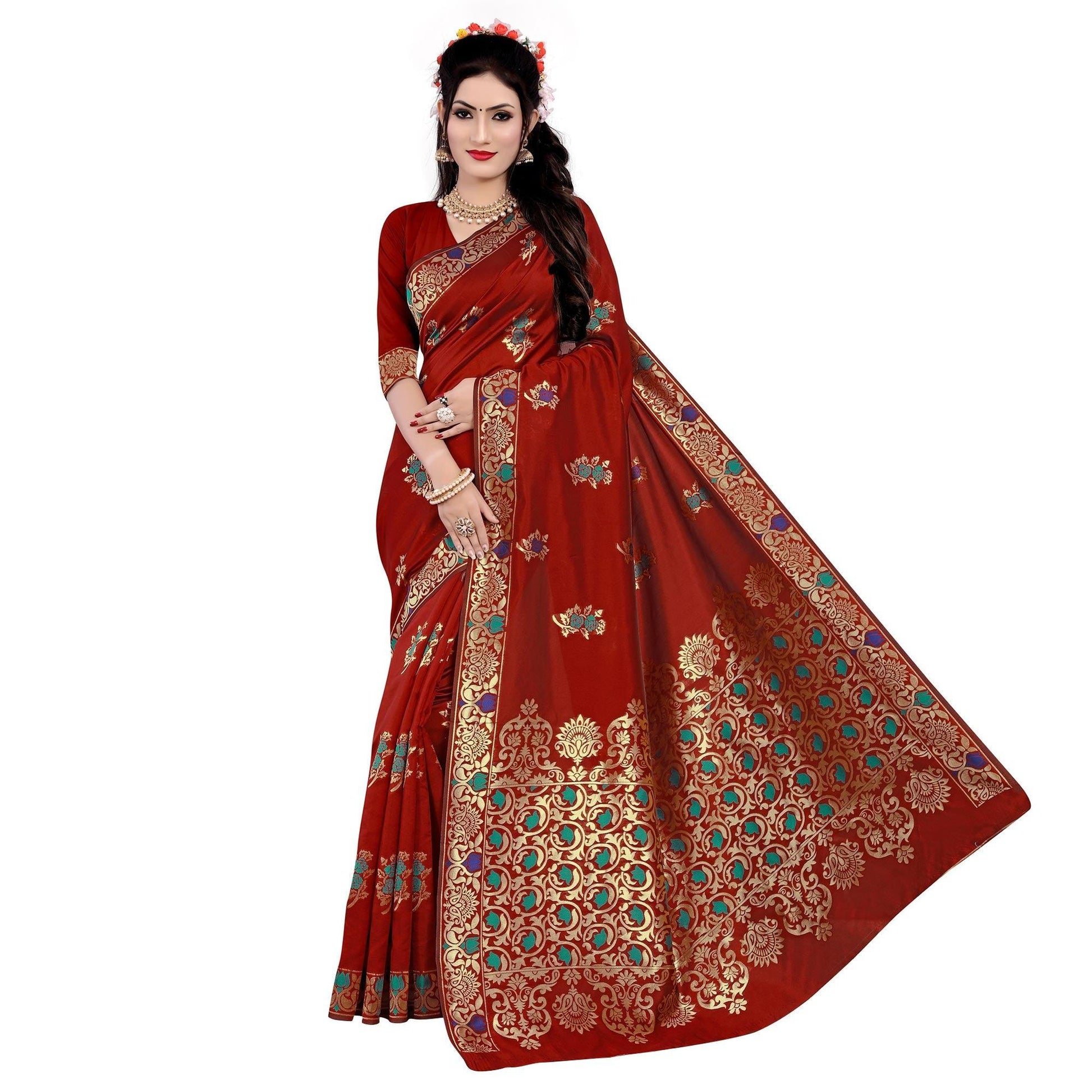 Exotic Red Colored Festive Wear Woven Work Banarasi Silk Saree