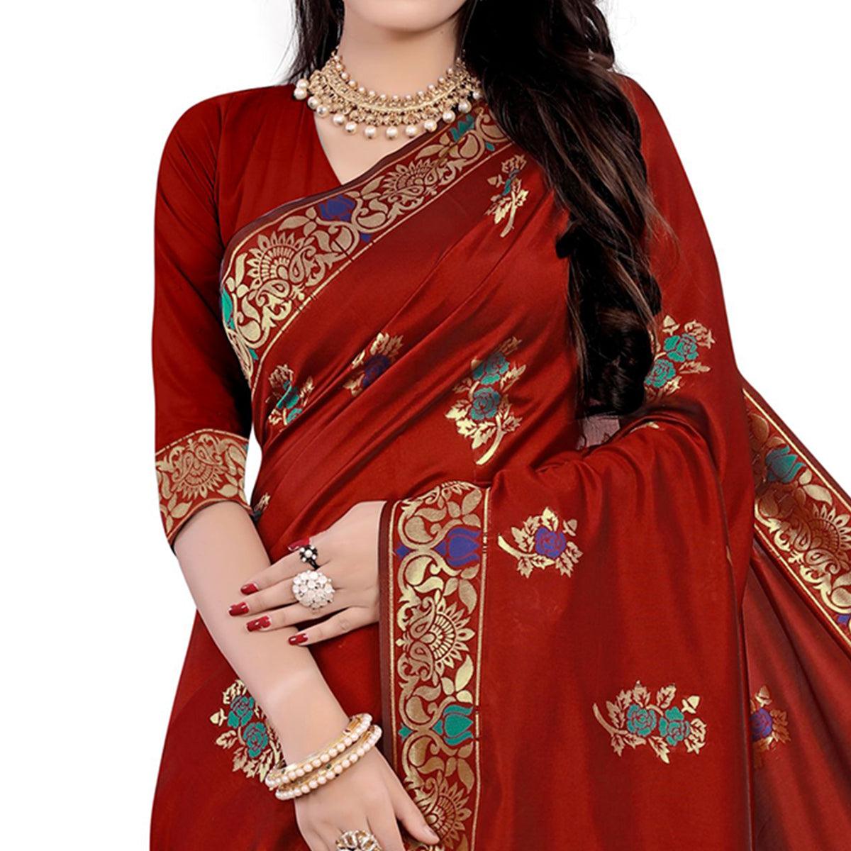 Exotic Red Colored Festive Wear Woven Work Banarasi Silk Saree