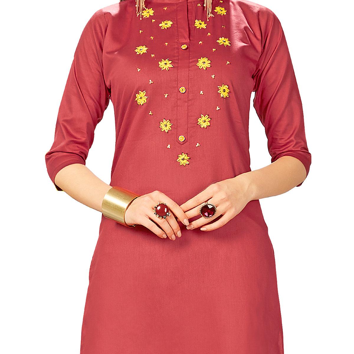 Exotic Red Colored Party Wear Embroidered Jam Cotton Silk Kurti