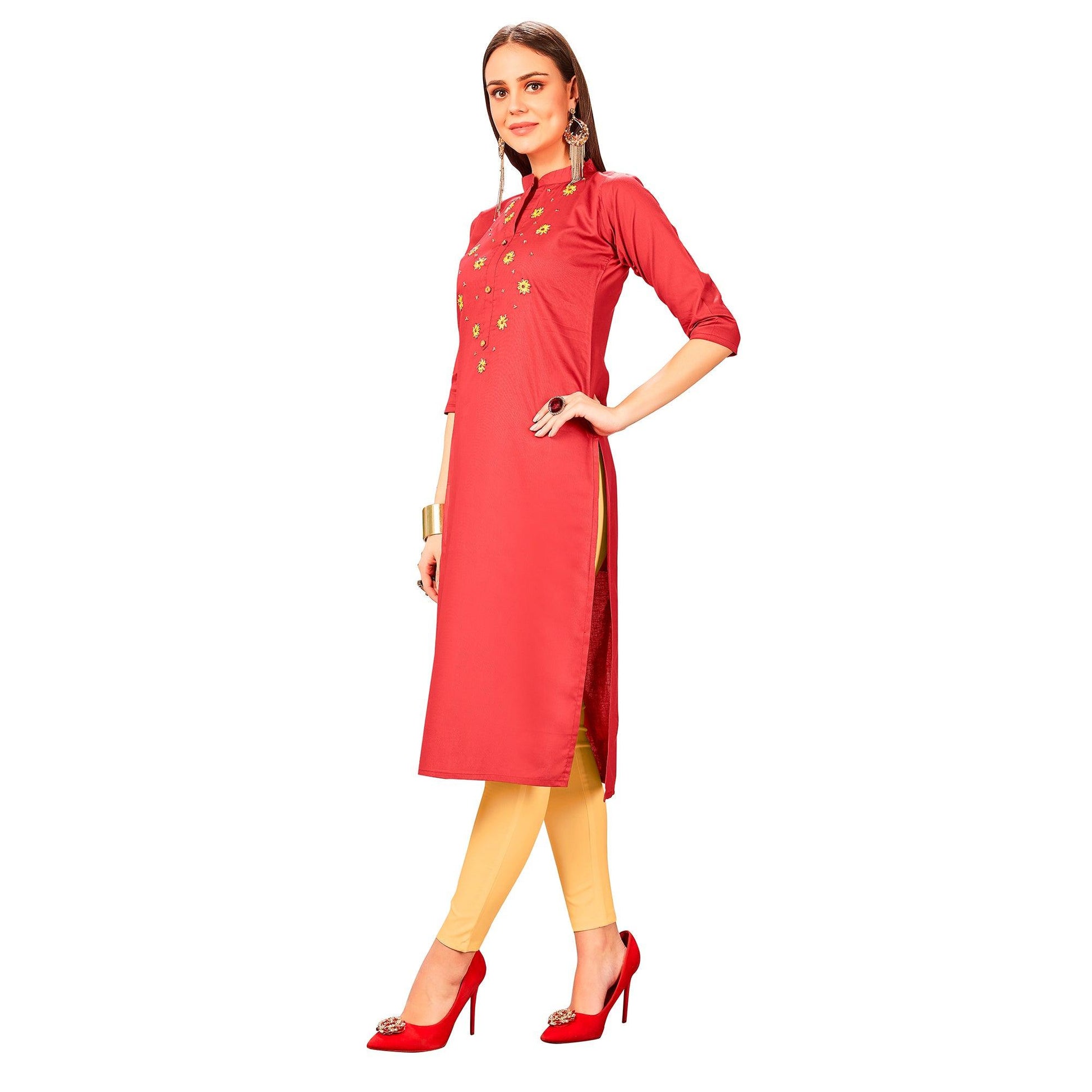Exotic Red Colored Party Wear Embroidered Jam Cotton Silk Kurti