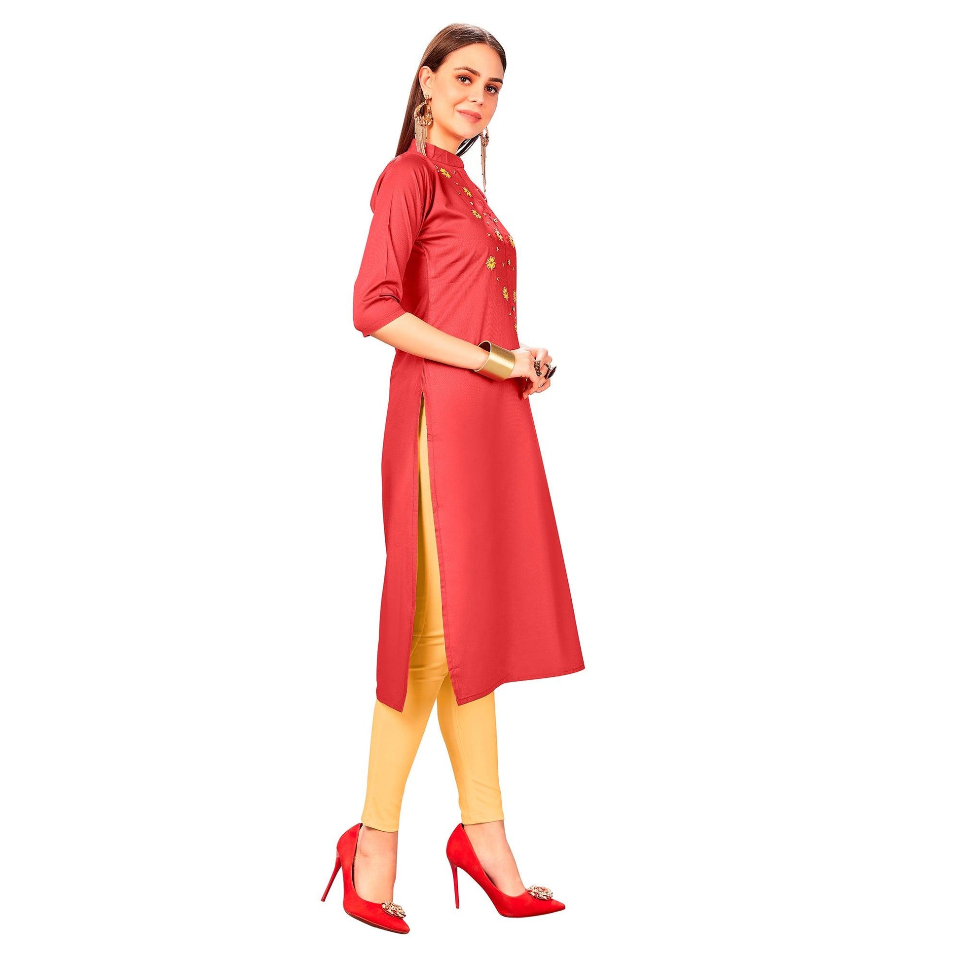 Exotic Red Colored Party Wear Embroidered Jam Cotton Silk Kurti