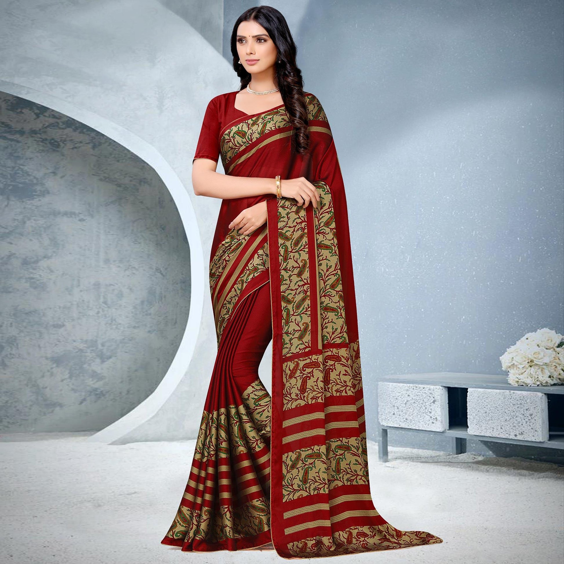 Exotic Red Coloured Lace Piping Work Casual Wear Georgette Saree