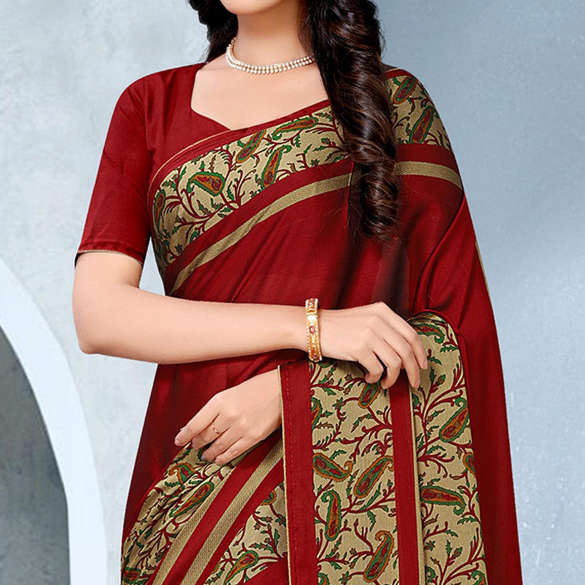 Exotic Red Coloured Lace Piping Work Casual Wear Georgette Saree