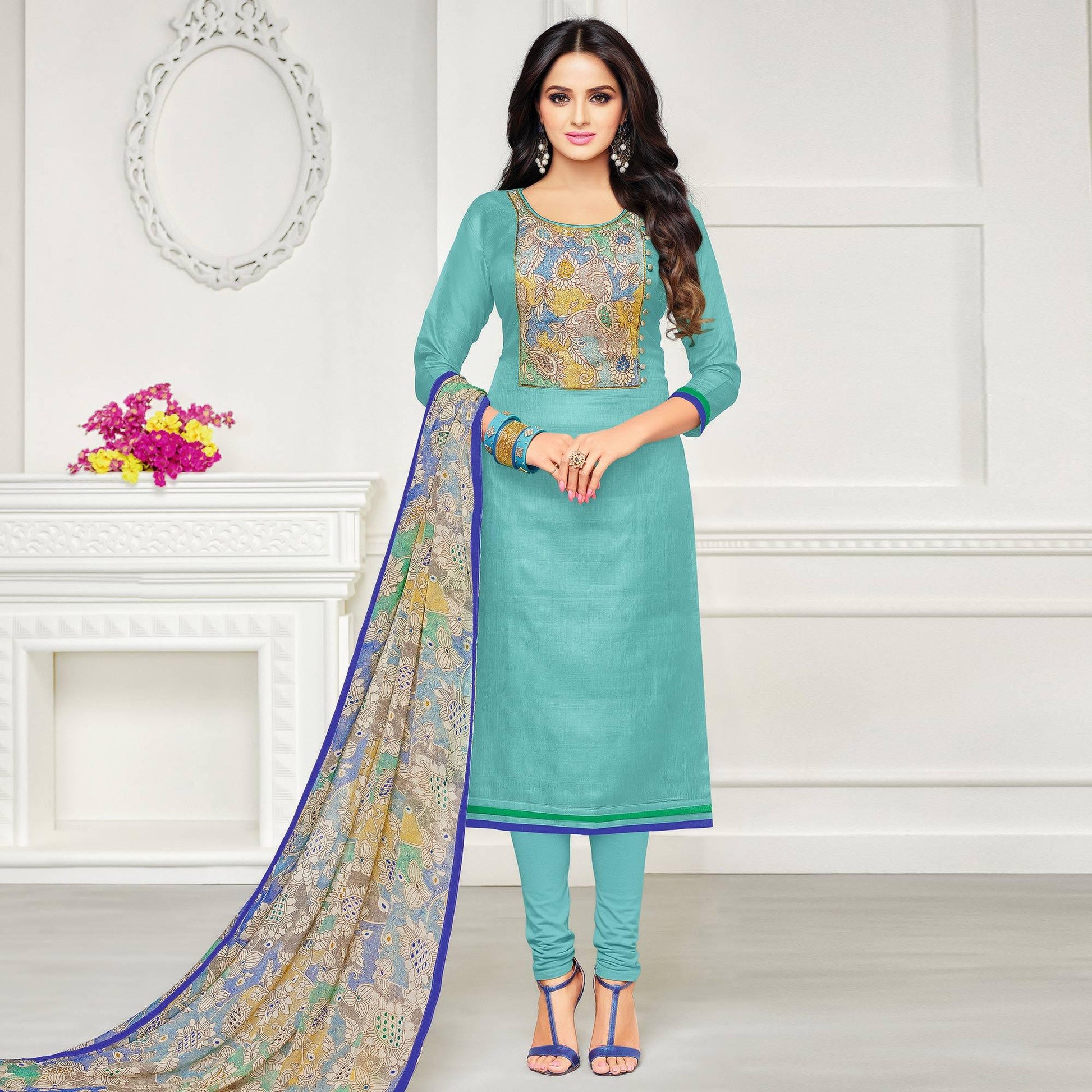 Exotic Turquoise Blue Colored Casual Wear Printed Chanderi Dress Material