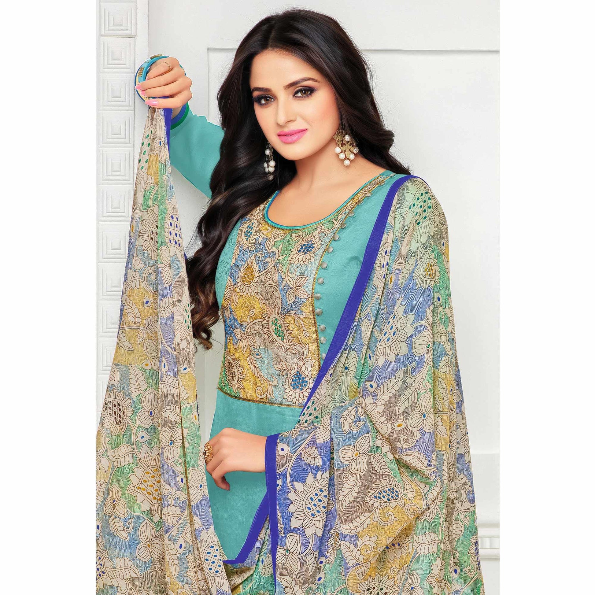 Exotic Turquoise Blue Colored Casual Wear Printed Chanderi Dress Material