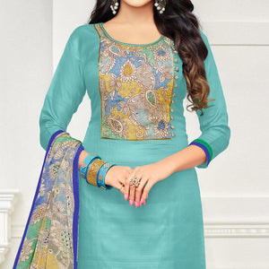 Exotic Turquoise Blue Colored Casual Wear Printed Chanderi Dress Material