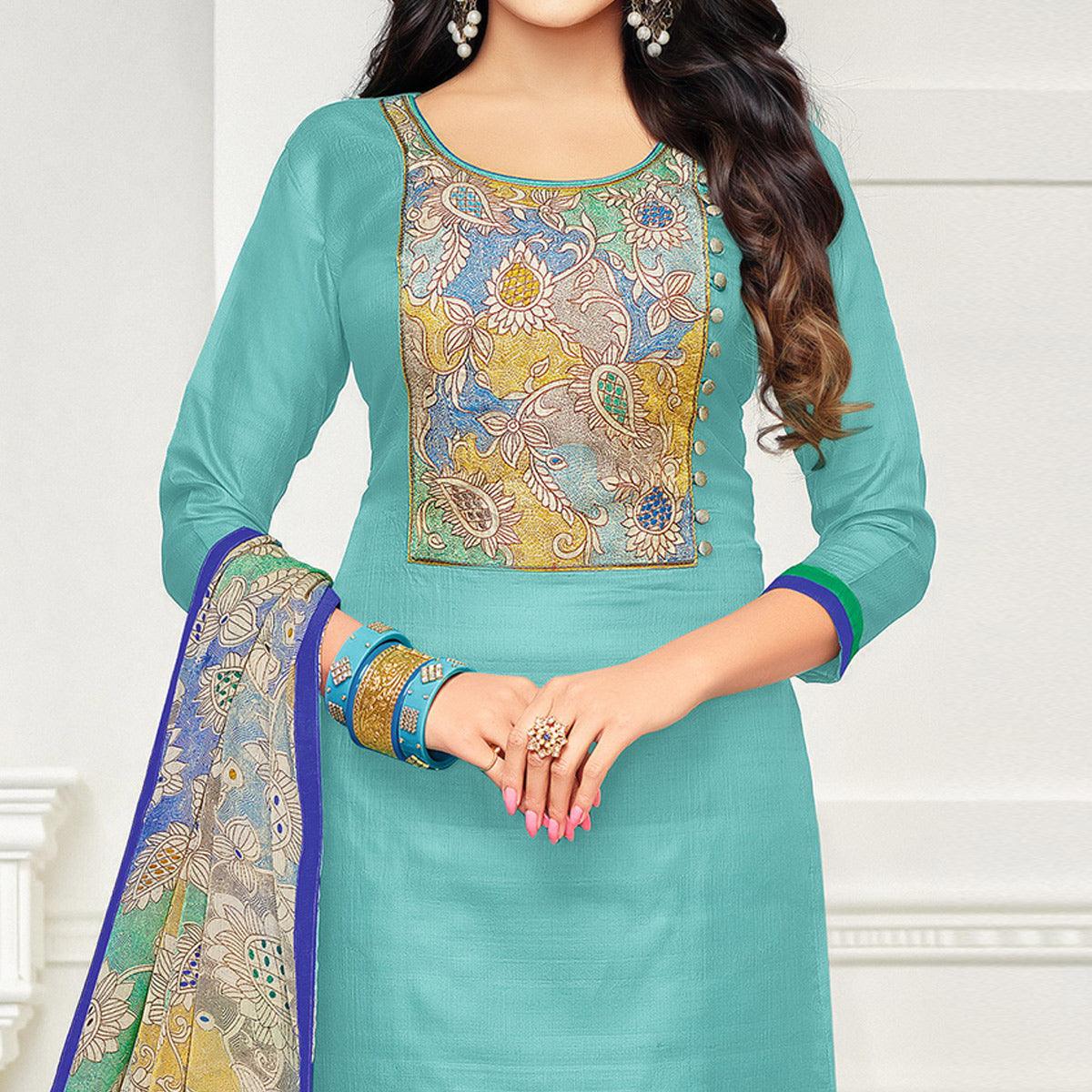 Exotic Turquoise Blue Colored Casual Wear Printed Chanderi Dress Material