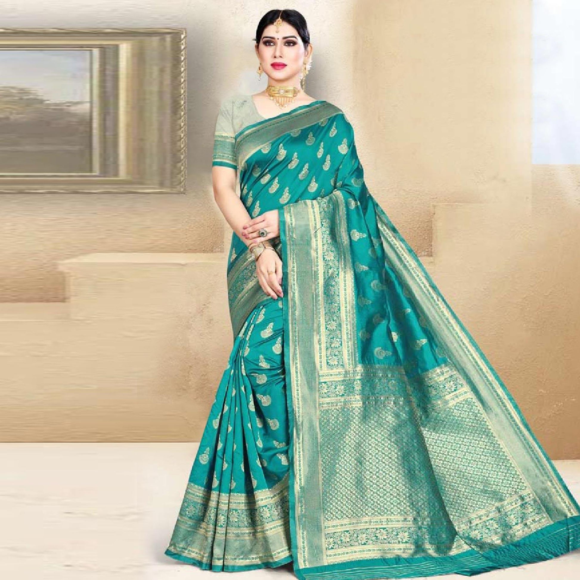 Exotic Turquoise Green Colored Festive Wear Woven Art Silk Saree