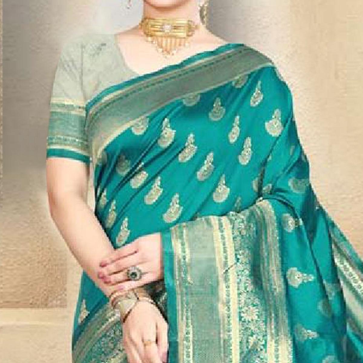 Exotic Turquoise Green Colored Festive Wear Woven Art Silk Saree