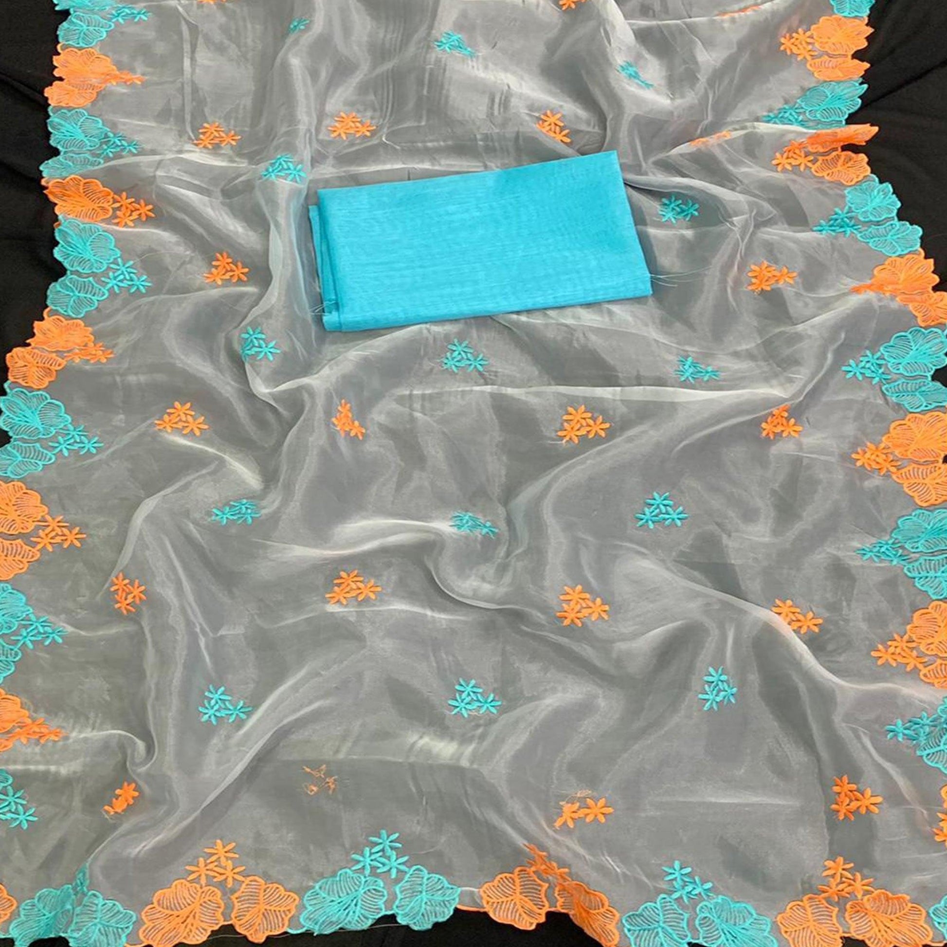 Exotic White - Blue Colored Partywear Embroidered Pure Organza Saree