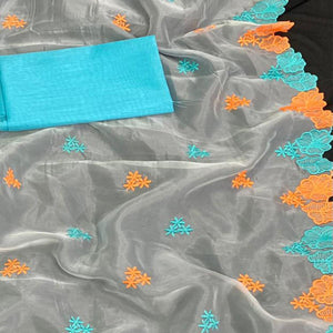 Exotic White - Blue Colored Partywear Embroidered Pure Organza Saree
