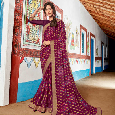 Exotic Wine Coloured Partywear Printed Brasso Saree