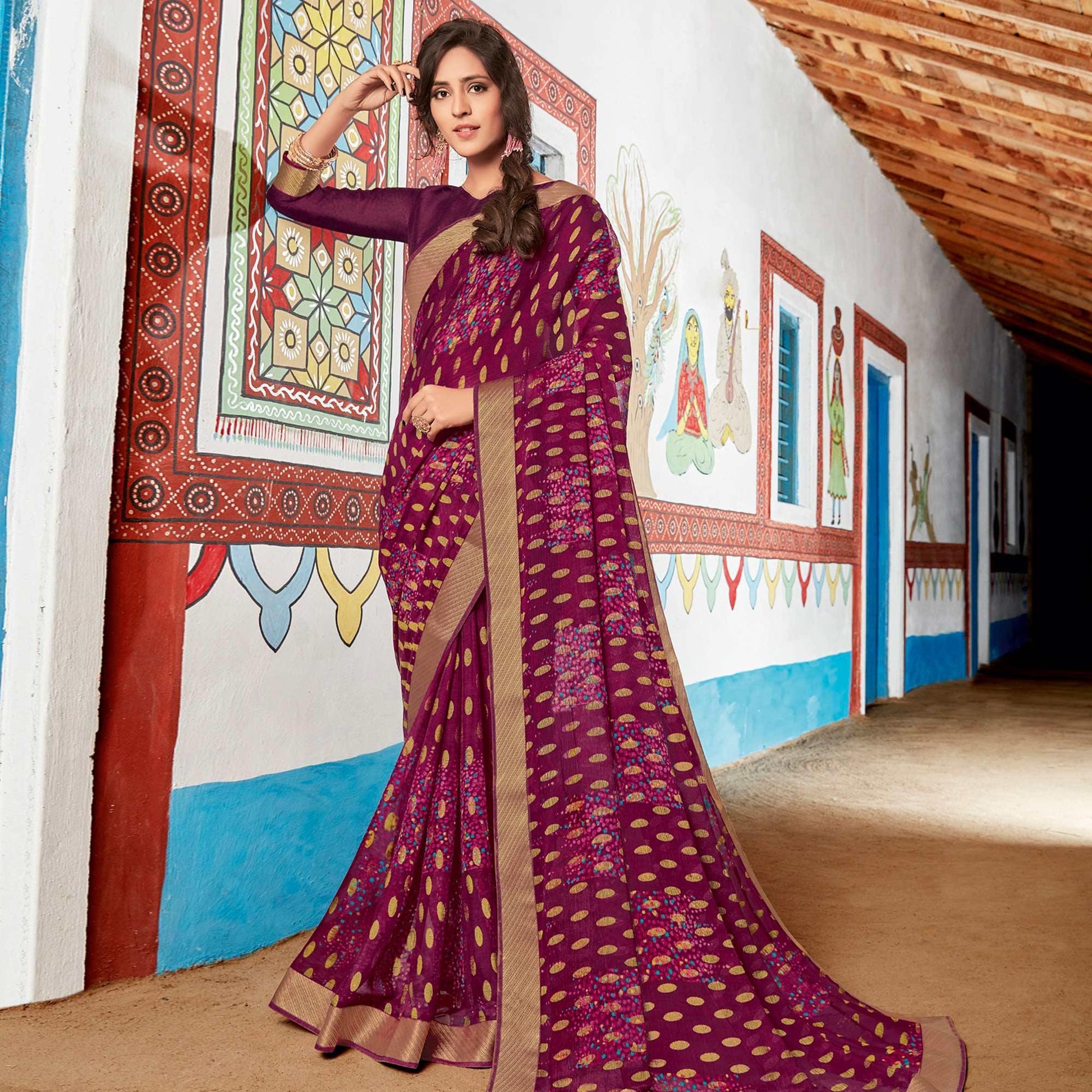 Exotic Wine Coloured Partywear Printed Brasso Saree