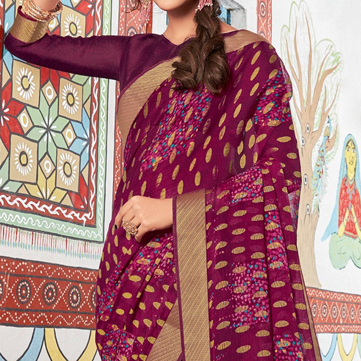 Exotic Wine Coloured Partywear Printed Brasso Saree