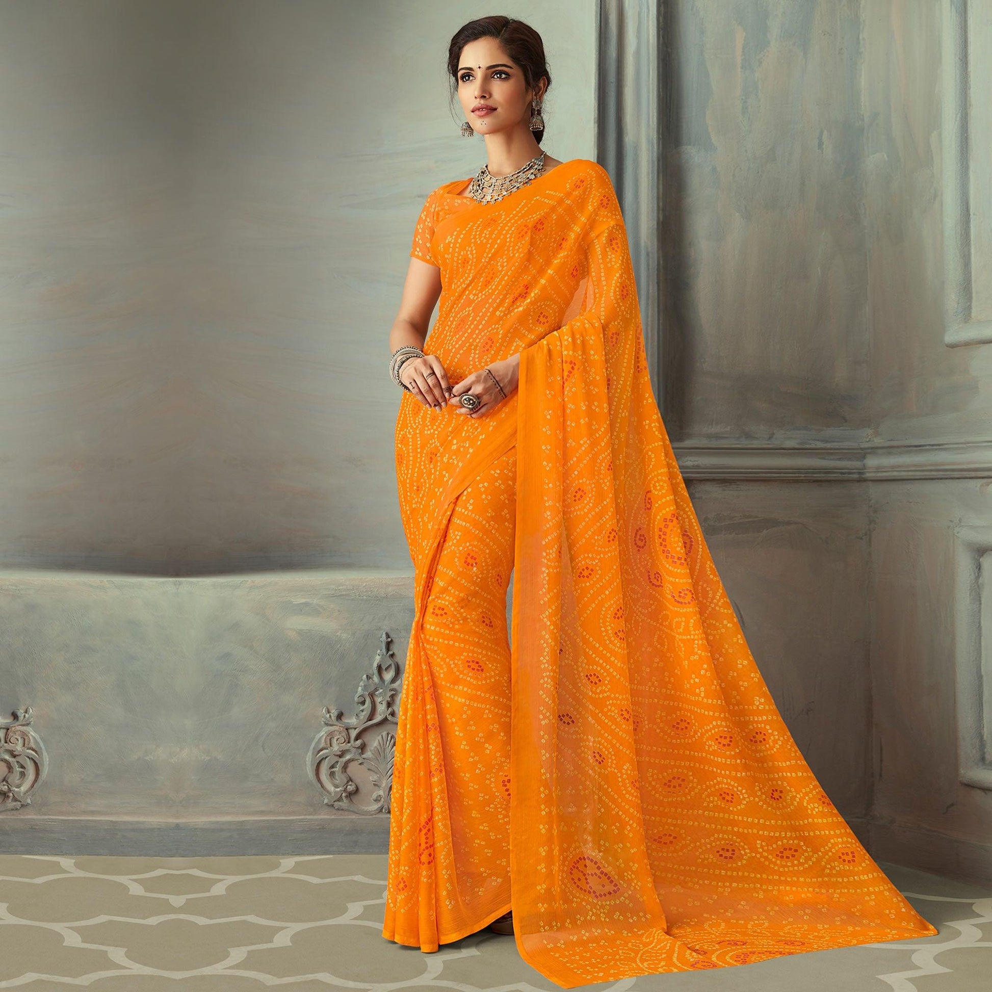Exotic Yellow Colored Casual Wear Bandhani Printed Chiffon Saree