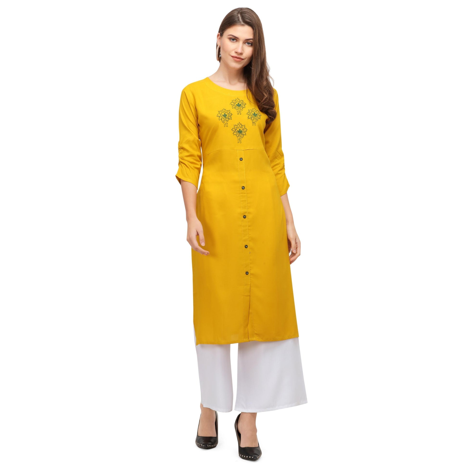 Exotic Yellow Colored Casual Wear Embroidered Rayon Kurti With Palazzo