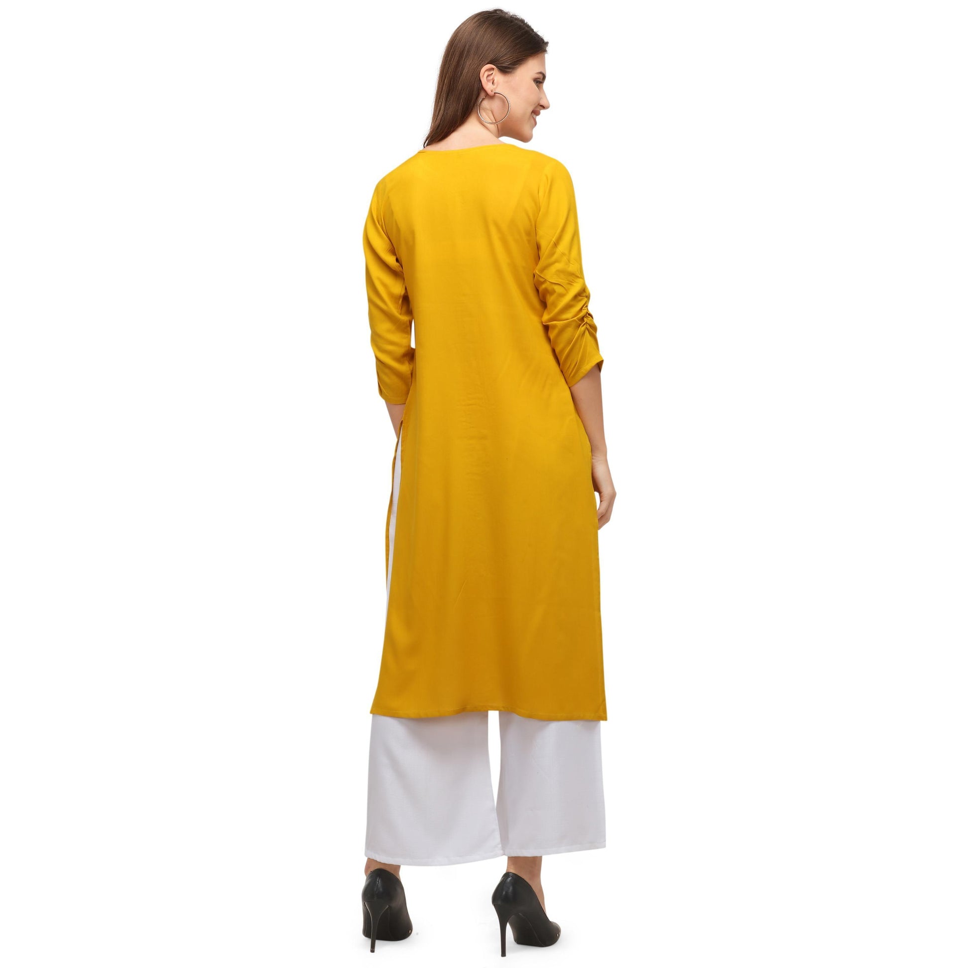 Exotic Yellow Colored Casual Wear Embroidered Rayon Kurti With Palazzo