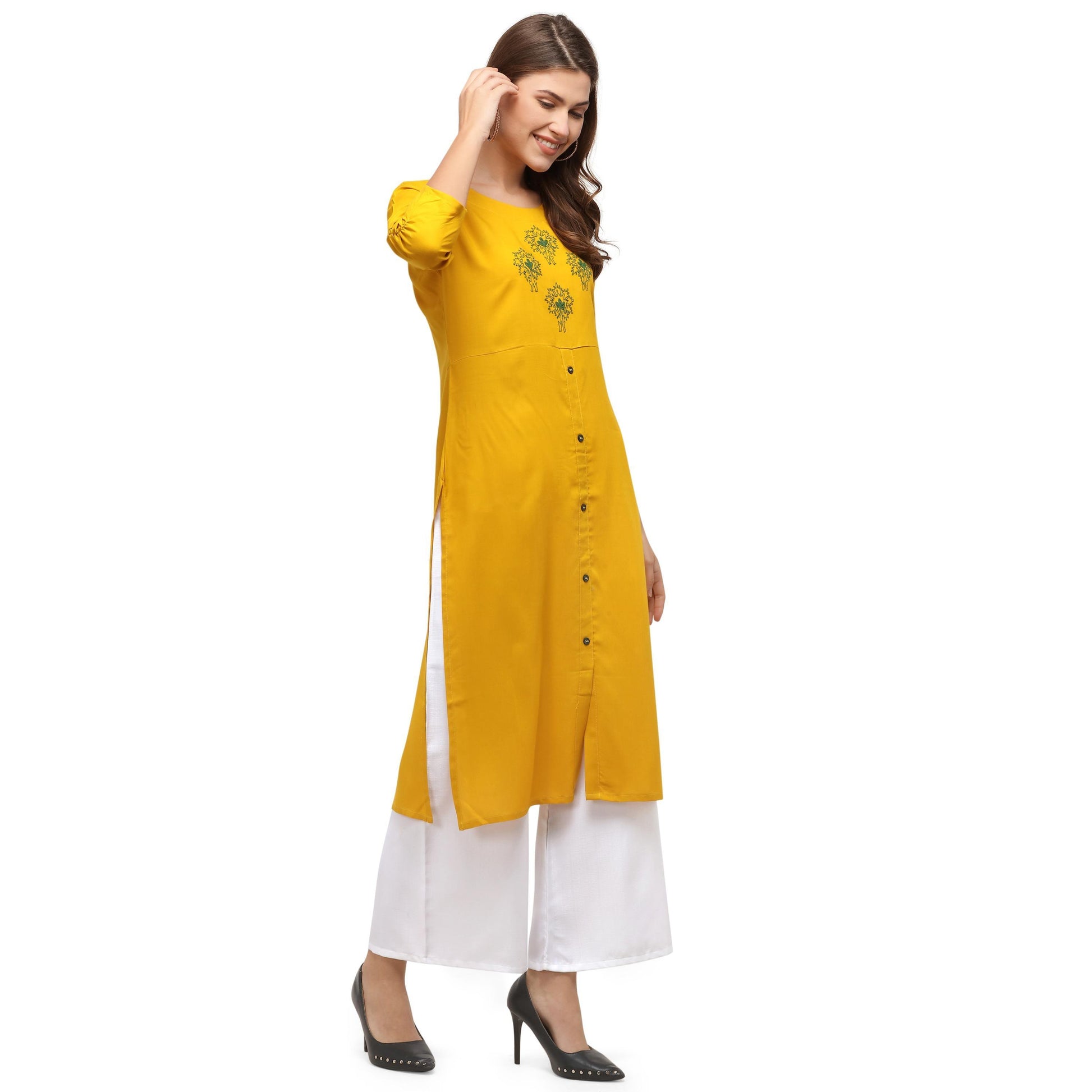 Exotic Yellow Colored Casual Wear Embroidered Rayon Kurti With Palazzo