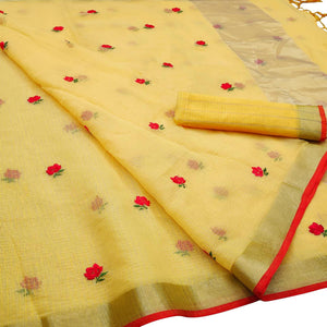 Exotic Yellow Colored Casual Wear Floral Embroidered Silk Saree With Tassels