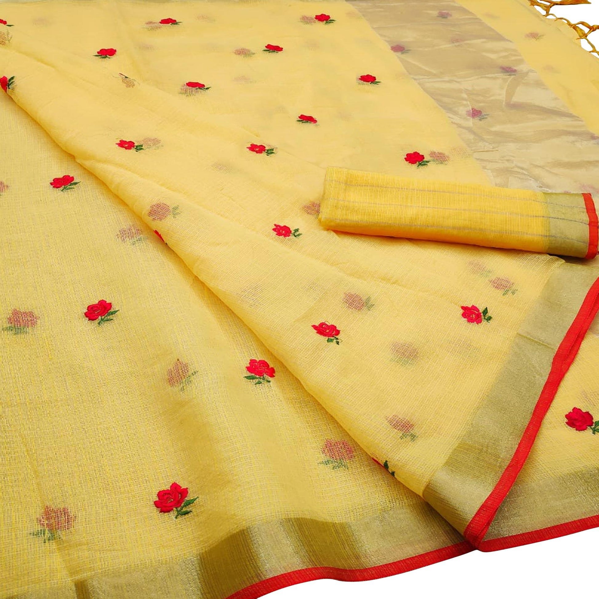 Exotic Yellow Colored Casual Wear Floral Embroidered Silk Saree With Tassels