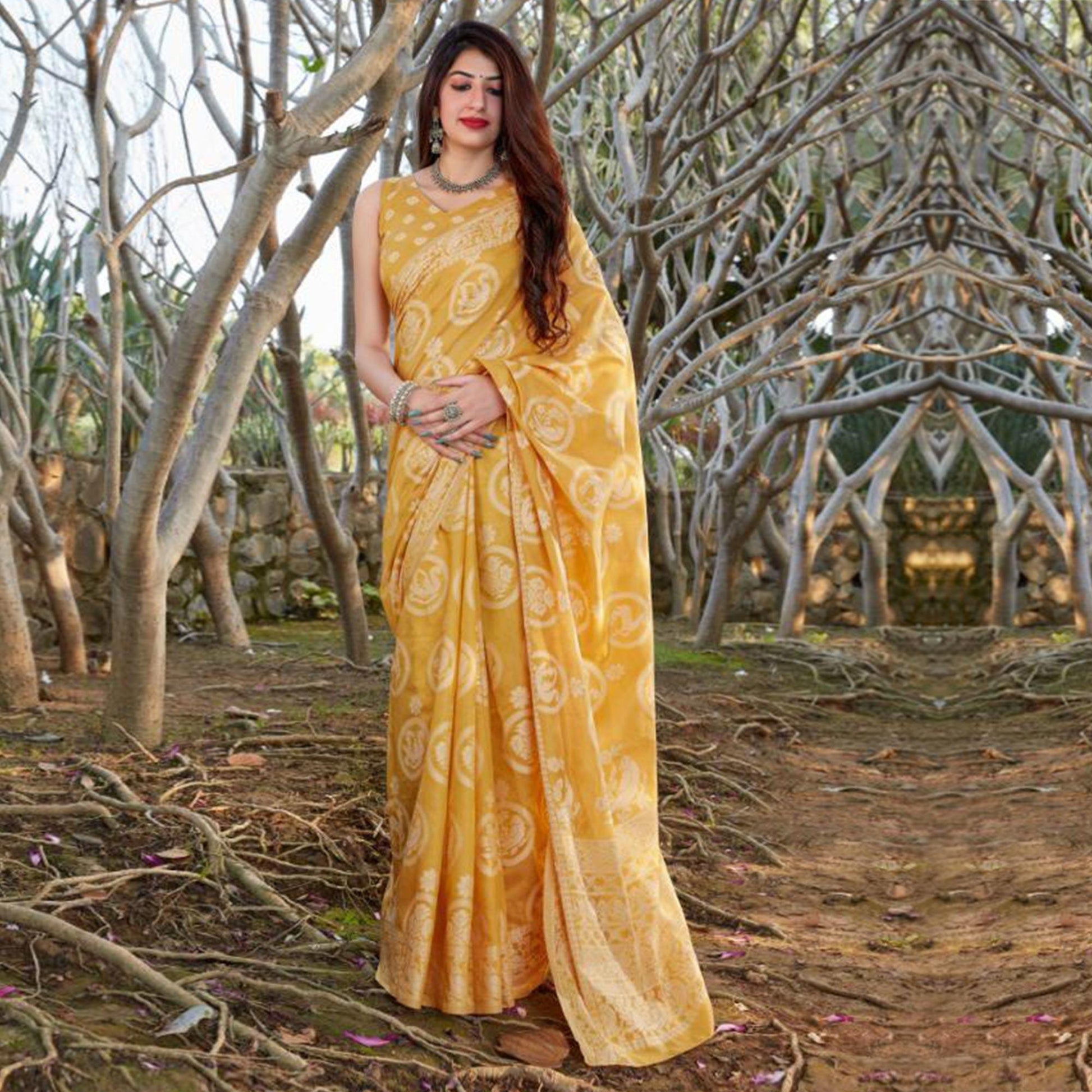 Exotic yellow Coloured Casual Wear Printed Lakhnavi Cotton Silk