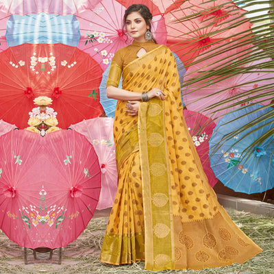Exotic Yellow Coloured Festive Wear Woven Cotton Handloom Saree