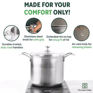 TurboCuk Tri-ply Stainless Steel Tall Biryani Pot/Casserole+ Glass Lid, Premium Quality, 3 Layer Thick Body, 100% Toxin-free, Non-stick, Induction & Gas, 6.5L